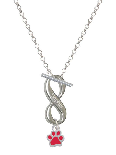 Silver Plated Mini Translucent Red Paw - Custom Engraved Infinity Toggle Necklace: Personalized Jewelry Gift - Names, Initials, Dates, Bible Verses