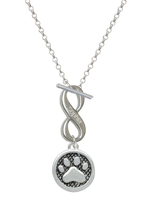 Silver Plated Paw in Circle - Custom Engraved Infinity Toggle Necklace: Personalized Jewelry Gift - Names, Initials, Dates, Bible Verses
