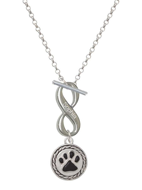 Silver Plated Black Paw in Rope Border - Custom Engraved Infinity Toggle Necklace: Personalized Jewelry Gift - Names, Initials, Dates, Bible Verses