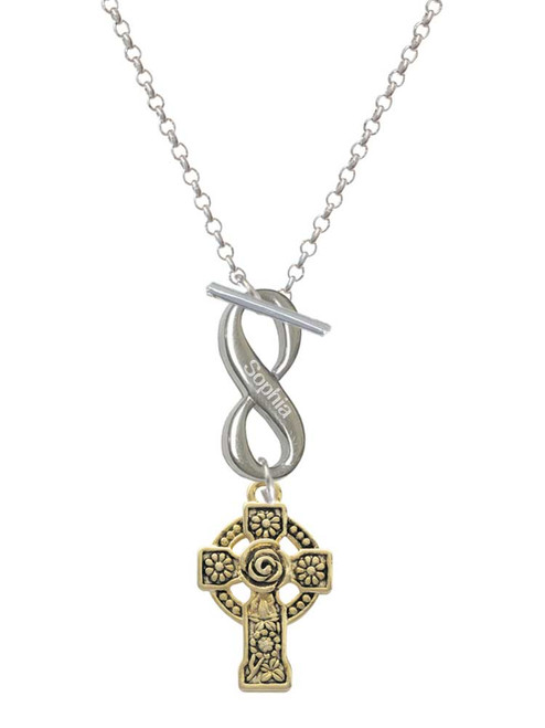 Gold-tone Large Celtic Cross - Custom Engraved Infinity Toggle Necklace: Personalized Jewelry Gift - Names, Initials, Dates, Bible Verses