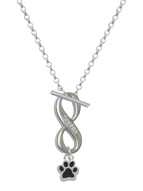 Silver Plated Mini Translucent Black Paw - Custom Engraved Infinity Toggle Necklace: Personalized Jewelry Gift - Names, Initials, Dates, Bible Verses