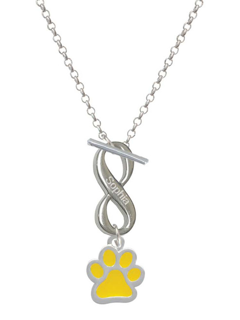 Silver Plated Medium Translucent Yellow Paw - Custom Engraved Infinity Toggle Necklace: Personalized Jewelry Gift - Names, Initials, Dates, Bible Verses