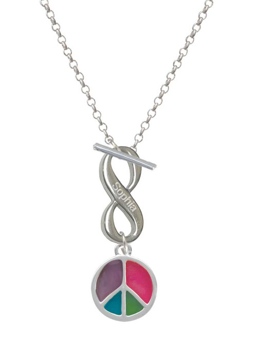 Silver Plated Multicolored Peace Sign - Custom Engraved Infinity Toggle Necklace: Personalized Jewelry Gift - Names, Initials, Dates, Bible Verses