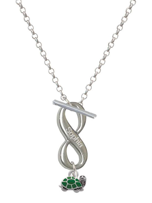 Silver Plated Mini Green Turtle - Side - Custom Engraved Infinity Toggle Necklace: Personalized Jewelry Gift - Names, Initials, Dates, Bible Verses