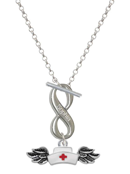 Silver Plated Enamel Nurse Hat with Wings - Custom Engraved Infinity Toggle Necklace: Personalized Jewelry Gift - Names, Initials, Dates, Bible Verses