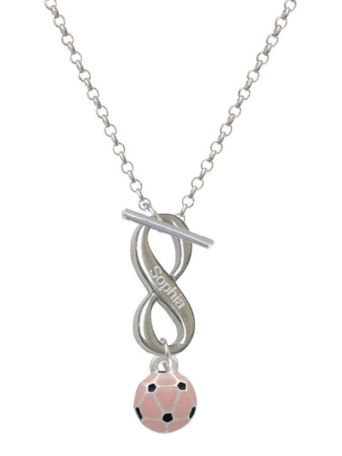 Silver Plated Mini Pink Soccer ball - Custom Engraved Infinity Toggle Necklace: Personalized Jewelry Gift - Names, Initials, Dates, Bible Verses