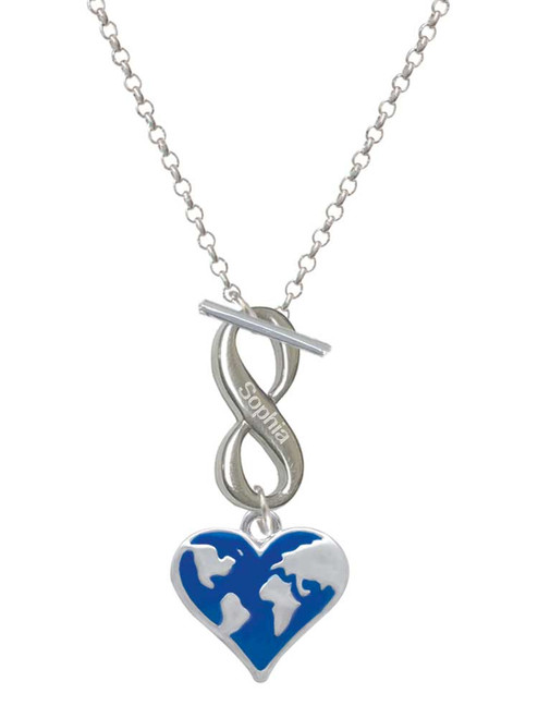 Silver Plated Enamel Earth Heart - Custom Engraved Infinity Toggle Necklace: Personalized Jewelry Gift - Names, Initials, Dates, Bible Verses