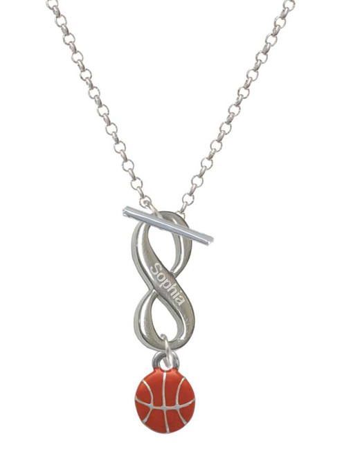 Silver Plated Mini Orange Basketball - Custom Engraved Infinity Toggle Necklace: Personalized Jewelry Gift - Names, Initials, Dates, Bible Verses