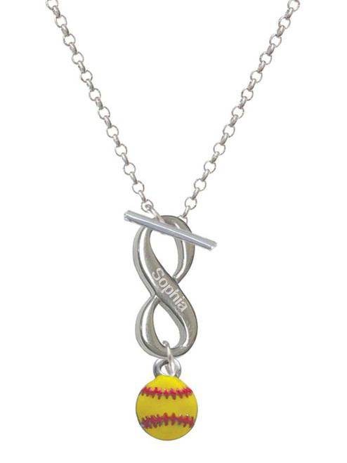 Silver Plated Mini Yellow Softball - Custom Engraved Infinity Toggle Necklace: Personalized Jewelry Gift - Names, Initials, Dates, Bible Verses