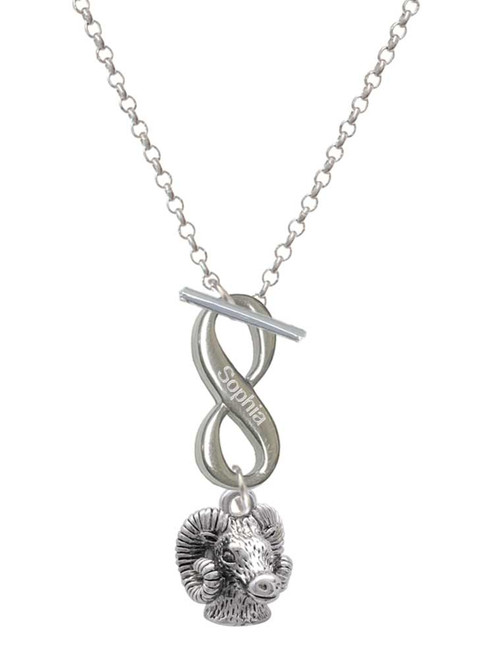 Silver Plated Medium 3-D Ram Head - Custom Engraved Infinity Toggle Necklace: Personalized Jewelry Gift - Names, Initials, Dates, Bible Verses