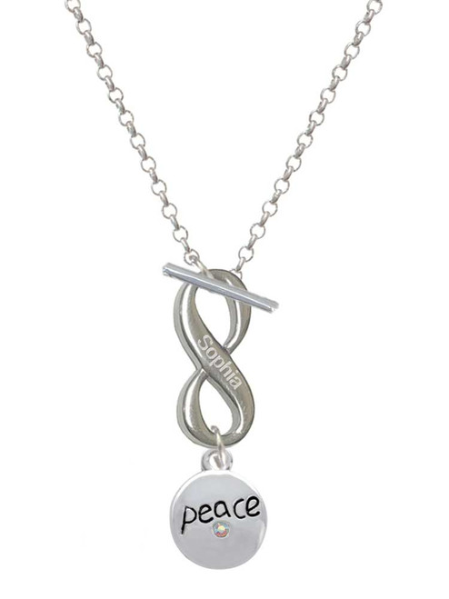 Silver Plated Peace with AB Crystal and Dove - Custom Engraved Infinity Toggle Necklace: Personalized Jewelry Gift - Names, Initials, Dates, Bible Verses