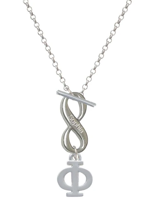 Silver Plated Large Greek Letter - Phi - Custom Engraved Infinity Toggle Necklace: Personalized Jewelry Gift - Names, Initials, Dates, Bible Verses