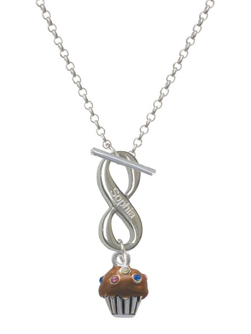 Silver Plated Small Chocolate Cupcake with Crystal Sprinkles - Custom Engraved Infinity Toggle Necklace: Personalized Jewelry Gift - Names, Initials, Dates, Bible Verses