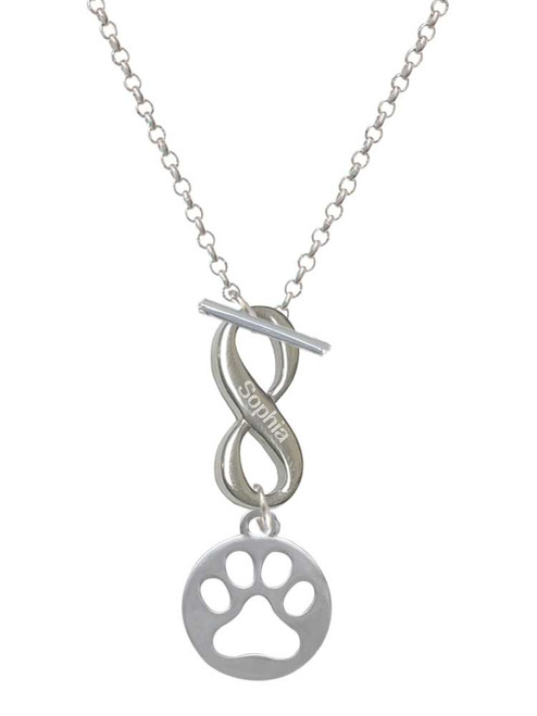 Silver Plated Circle with Cut Out Paw - Custom Engraved Infinity Toggle Necklace: Personalized Jewelry Gift - Names, Initials, Dates, Bible Verses