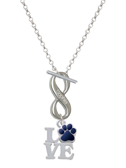 Silver Plated Love with Navy Blue Paw - Custom Engraved Infinity Toggle Necklace: Personalized Jewelry Gift - Names, Initials, Dates, Bible Verses