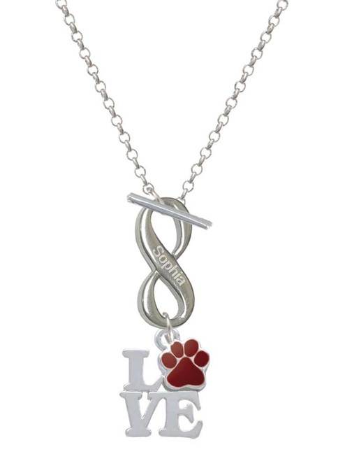 Silver Plated Love with Maroon Paw - Custom Engraved Infinity Toggle Necklace: Personalized Jewelry Gift - Names, Initials, Dates, Bible Verses