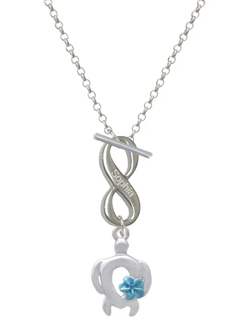 Silver Plated Open Sea Turtle with Blue Plumeria - Custom Engraved Infinity Toggle Necklace: Personalized Jewelry Gift - Names, Initials, Dates, Bible Verses
