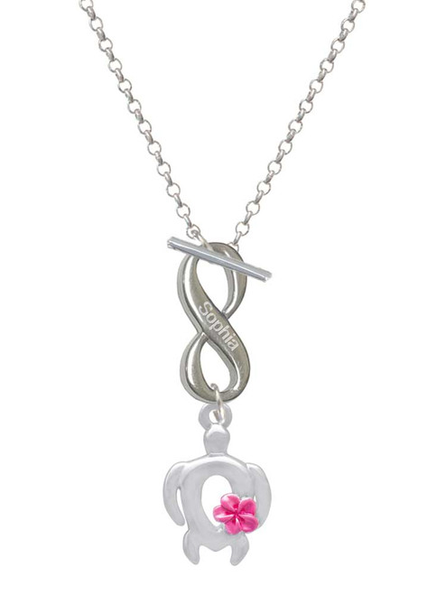 Silver Plated Open Sea Turtle with Hot Pink Plumeria - Custom Engraved Infinity Toggle Necklace: Personalized Jewelry Gift - Names, Initials, Dates, Bible Verses