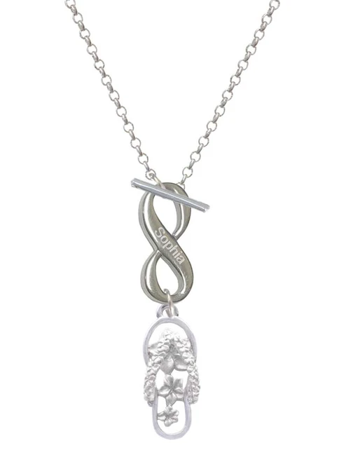 Silver Plated White Open Plumeria Flower Flip Flop - Custom Engraved Infinity Toggle Necklace: Personalized Jewelry Gift - Names, Initials, Dates, Bible Verses