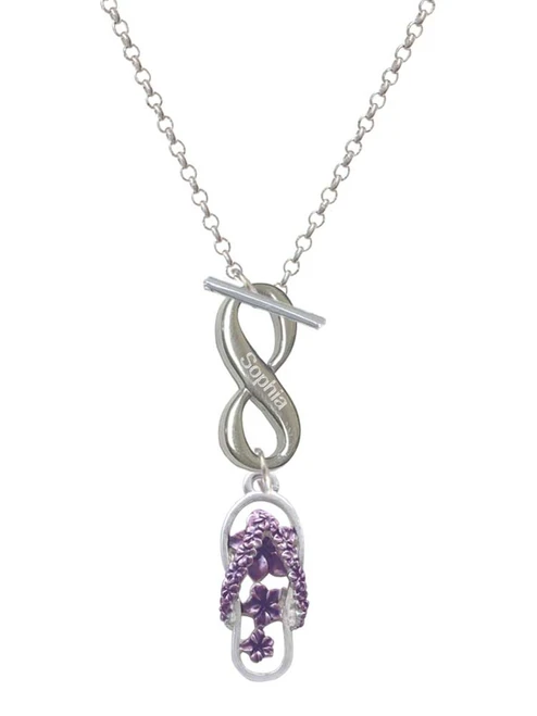 Silver Plated Purple Open Plumeria Flower Flip Flop - Custom Engraved Infinity Toggle Necklace: Personalized Jewelry Gift - Names, Initials, Dates, Bible Verses