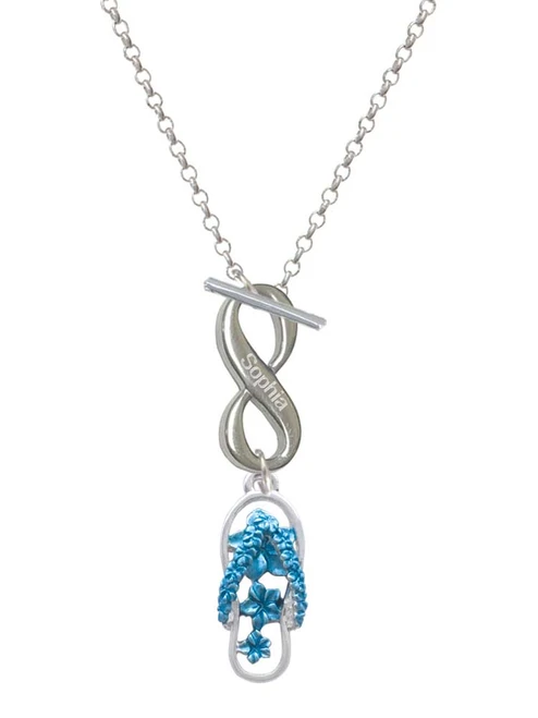 Silver Plated Blue Open Plumeria Flower Flip Flop - Custom Engraved Infinity Toggle Necklace: Personalized Jewelry Gift - Names, Initials, Dates, Bible Verses