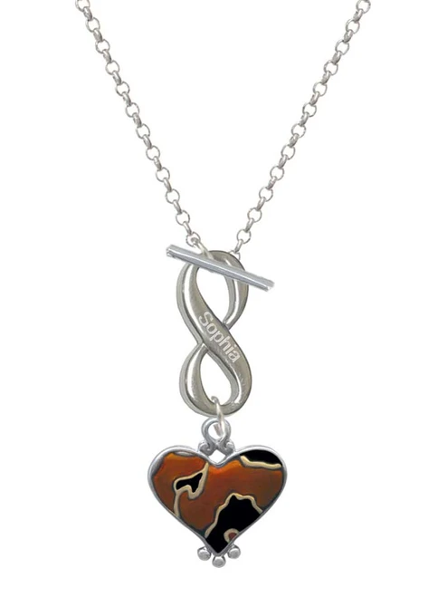 Two-tone Enamel Cheetah Print Heart - Custom Engraved Infinity Toggle Necklace: Personalized Jewelry Gift - Names, Initials, Dates, Bible Verses