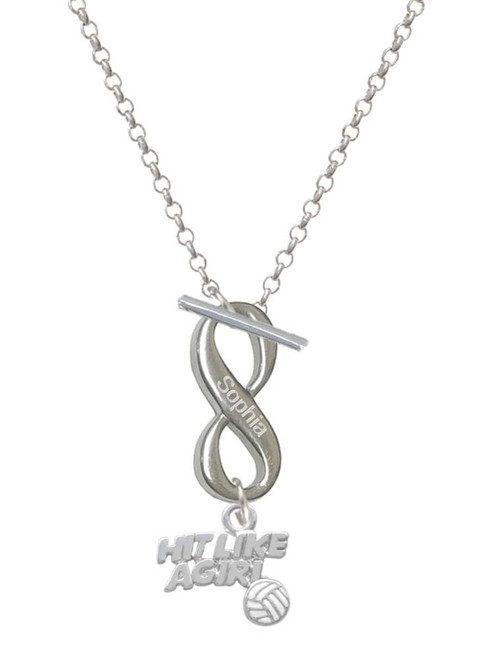 Silver Plated Hit Like a Girl with Enamel Volleyball - Custom Engraved Infinity Toggle Necklace: Personalized Jewelry Gift - Names, Initials, Dates, Bible Verses