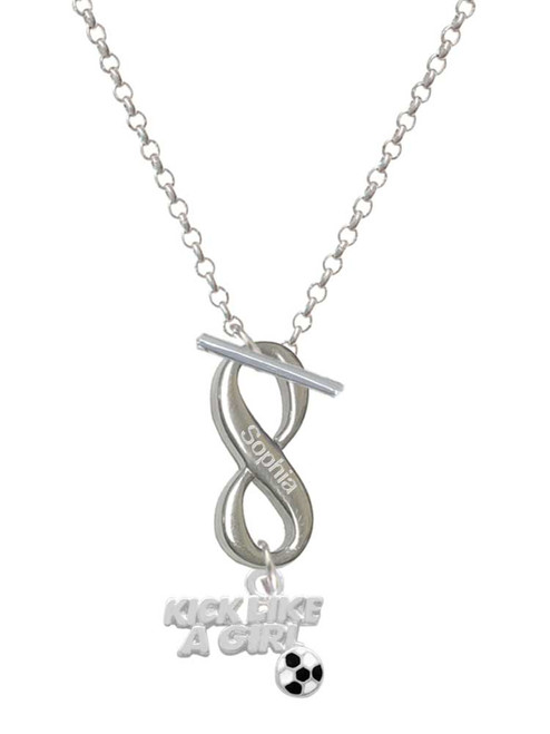Silver Plated Kick Like a Girl with Enamel Soccer Ball - Custom Engraved Infinity Toggle Necklace: Personalized Jewelry Gift - Names, Initials, Dates, Bible Verses