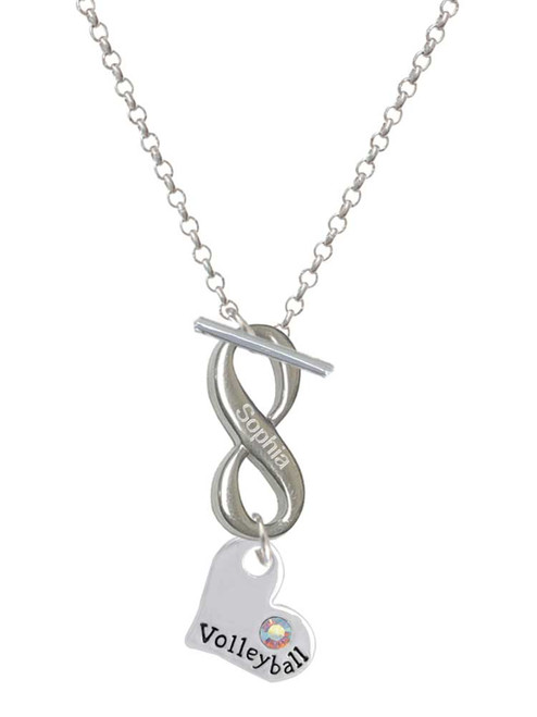 Heart with ''Volleyball'' and AB Crystal - Custom Engraved Infinity Toggle Necklace: Personalized Jewelry Gift - Names, Initials, Dates, Bible Verses