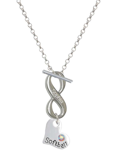 Heart with ''Softball'' and AB Crystal - Custom Engraved Infinity Toggle Necklace: Personalized Jewelry Gift - Names, Initials, Dates, Bible Verses