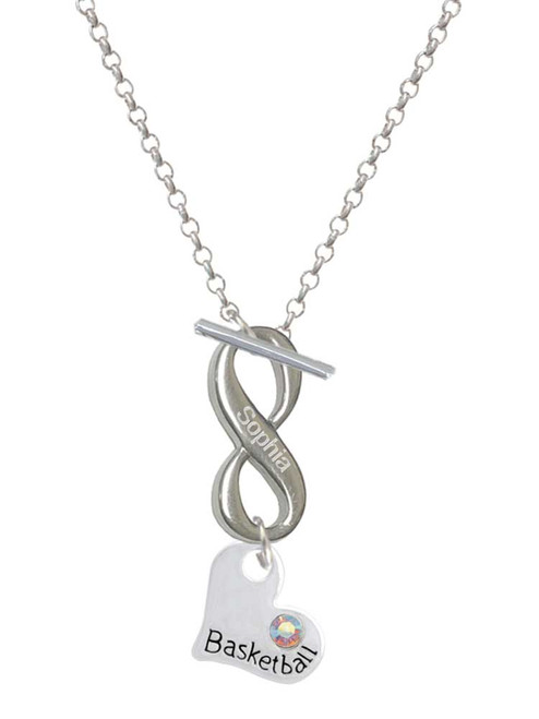 Heart with ''Basketball'' and AB Crystal - Custom Engraved Infinity Toggle Necklace: Personalized Jewelry Gift - Names, Initials, Dates, Bible Verses