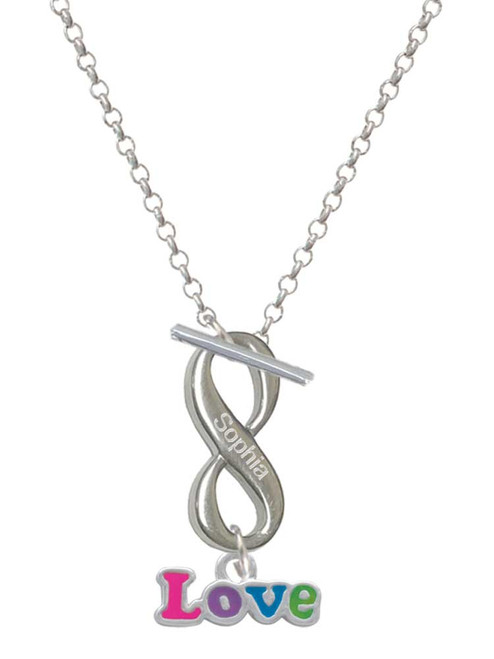 Rainbow Colored ''Love'' - Custom Engraved Infinity Toggle Necklace: Personalized Jewelry Gift - Names, Initials, Dates, Bible Verses