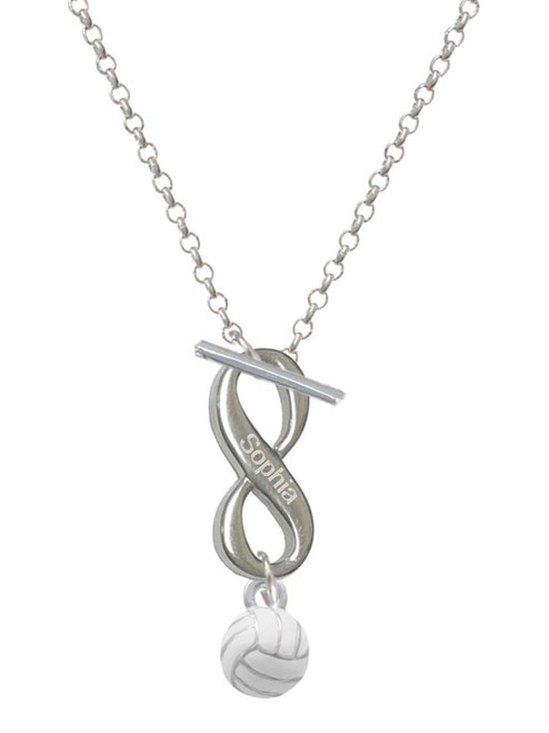 Silver Plated 3-D White Volleyball - Custom Engraved Infinity Toggle Necklace: Personalized Jewelry Gift - Names, Initials, Dates, Bible Verses