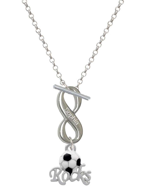 Silver Plated Enamel Soccer ball ''Rocks'' - Custom Engraved Infinity Toggle Necklace: Personalized Jewelry Gift - Names, Initials, Dates, Bible Verses