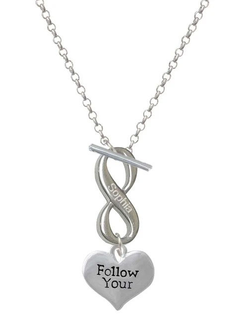 Silver Plated Follow Your Heart - Custom Engraved Infinity Toggle Necklace: Personalized Jewelry Gift - Names, Initials, Dates, Bible Verses