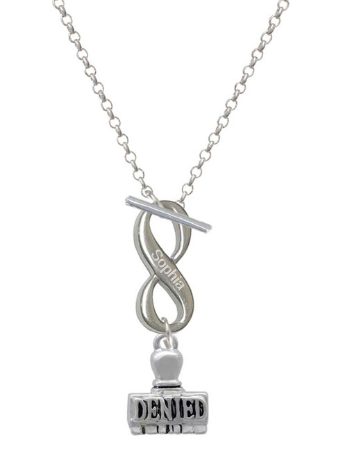 Silver Plated 3-D ''Denied'' Stamp - Custom Engraved Infinity Toggle Necklace: Personalized Jewelry Gift - Names, Initials, Dates, Bible Verses