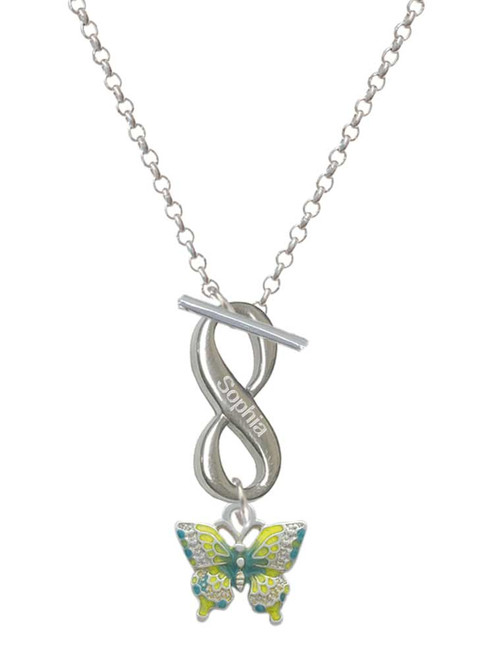 Silver Plated Small Lime Green & Blue Butterfly - Custom Engraved Infinity Toggle Necklace: Personalized Jewelry Gift - Names, Initials, Dates, Bible Verses