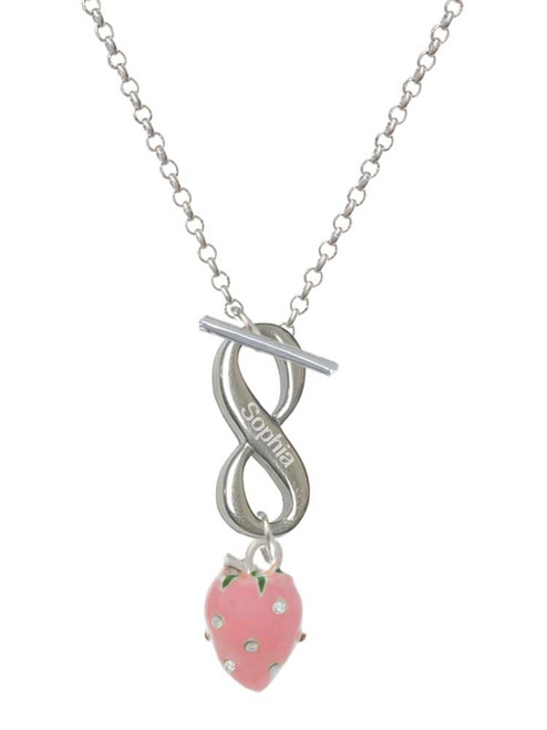 Silver Plated Large 3-D Pink Strawberry with Crystals - Custom Engraved Infinity Toggle Necklace: Personalized Jewelry Gift - Names, Initials, Dates, Bible Verses