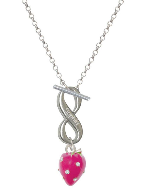 Silver Plated Large 3-D Hot Pink Strawberry with Crystals - Custom Engraved Infinity Toggle Necklace: Personalized Jewelry Gift - Names, Initials, Dates, Bible Verses