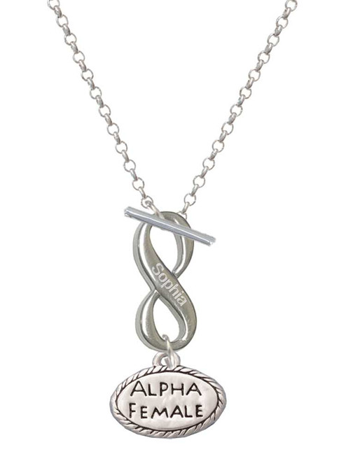 Silver Plated Alpha Female Oval - Custom Engraved Infinity Toggle Necklace: Personalized Jewelry Gift - Names, Initials, Dates, Bible Verses