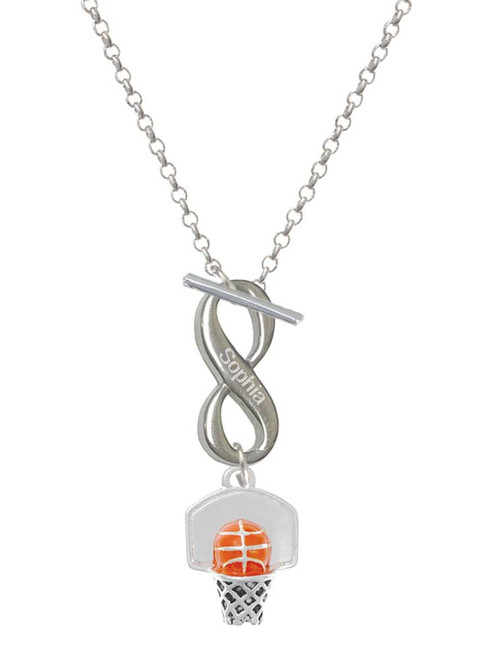 Silver Plated 3-D Enamel Basketball in Hoop - Custom Engraved Infinity Toggle Necklace: Personalized Jewelry Gift - Names, Initials, Dates, Bible Verses