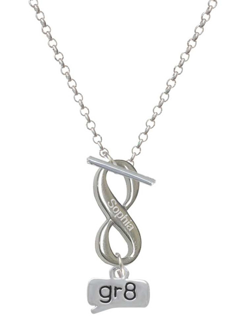 Silver Plated Text Chat - gr8 - Great - Custom Engraved Infinity Toggle Necklace: Personalized Jewelry Gift - Names, Initials, Dates, Bible Verses