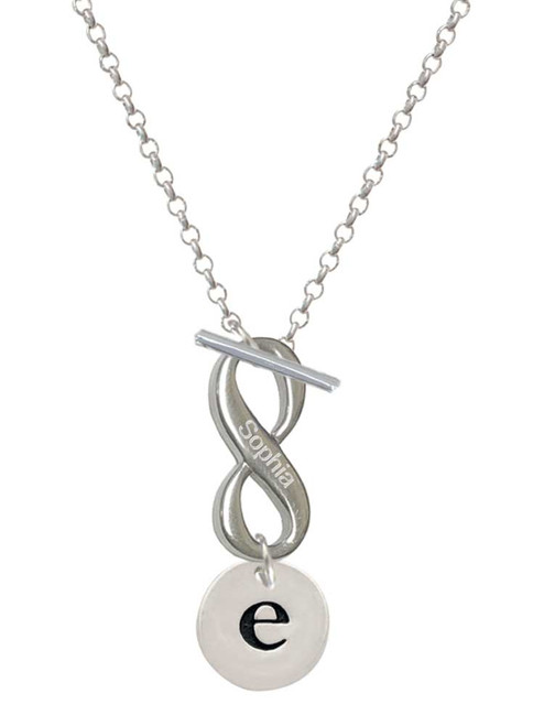 Silver Plated Disc Initial - e - Custom Engraved Infinity Toggle Necklace: Personalized Jewelry Gift - Names, Initials, Dates, Bible Verses