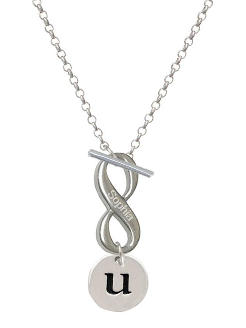 Silver Plated Disc Initial - u - Custom Engraved Infinity Toggle Necklace: Personalized Jewelry Gift - Names, Initials, Dates, Bible Verses