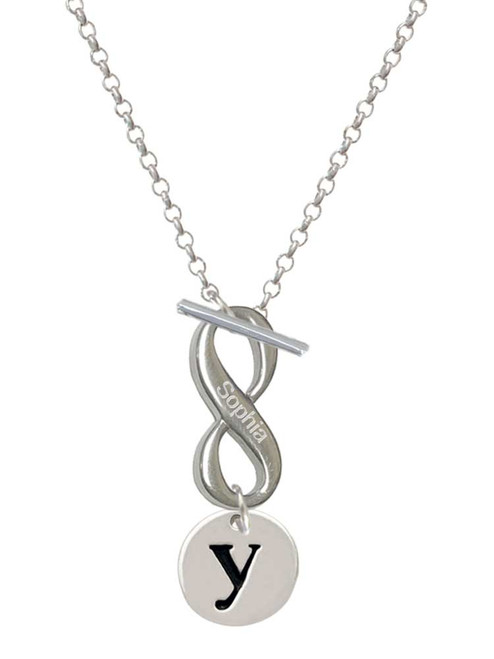 Silver Plated Disc Initial - y - Custom Engraved Infinity Toggle Necklace: Personalized Jewelry Gift - Names, Initials, Dates, Bible Verses