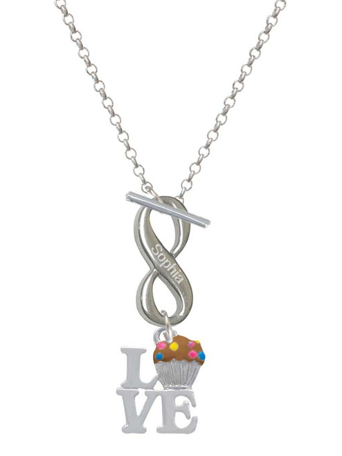 Silver Plated Love with Chocolate Cupcake - Custom Engraved Infinity Toggle Necklace: Personalized Jewelry Gift - Names, Initials, Dates, Bible Verses