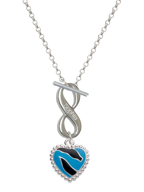 Silver Plated Hot Blue Zebra Print Heart - Custom Engraved Infinity Toggle Necklace: Personalized Jewelry Gift - Names, Initials, Dates, Bible Verses