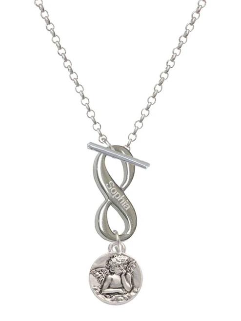 Silver Plated Small Raphael Angel on Disc - Custom Engraved Infinity Toggle Necklace: Personalized Jewelry Gift - Names, Initials, Dates, Bible Verses