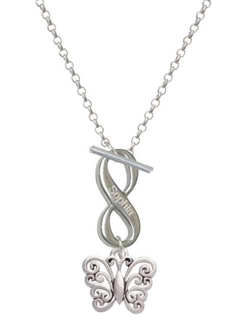 Filigree Curls Butterfly - Custom Engraved Infinity Toggle Necklace: Personalized Jewelry Gift - Names, Initials, Dates, Bible Verses