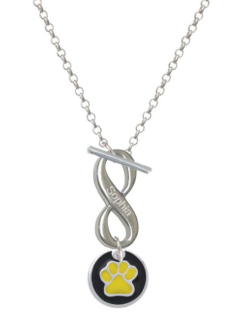Silver Plated Yellow Paw on Black Disc - Custom Engraved Infinity Toggle Necklace: Personalized Jewelry Gift - Names, Initials, Dates, Bible Verses